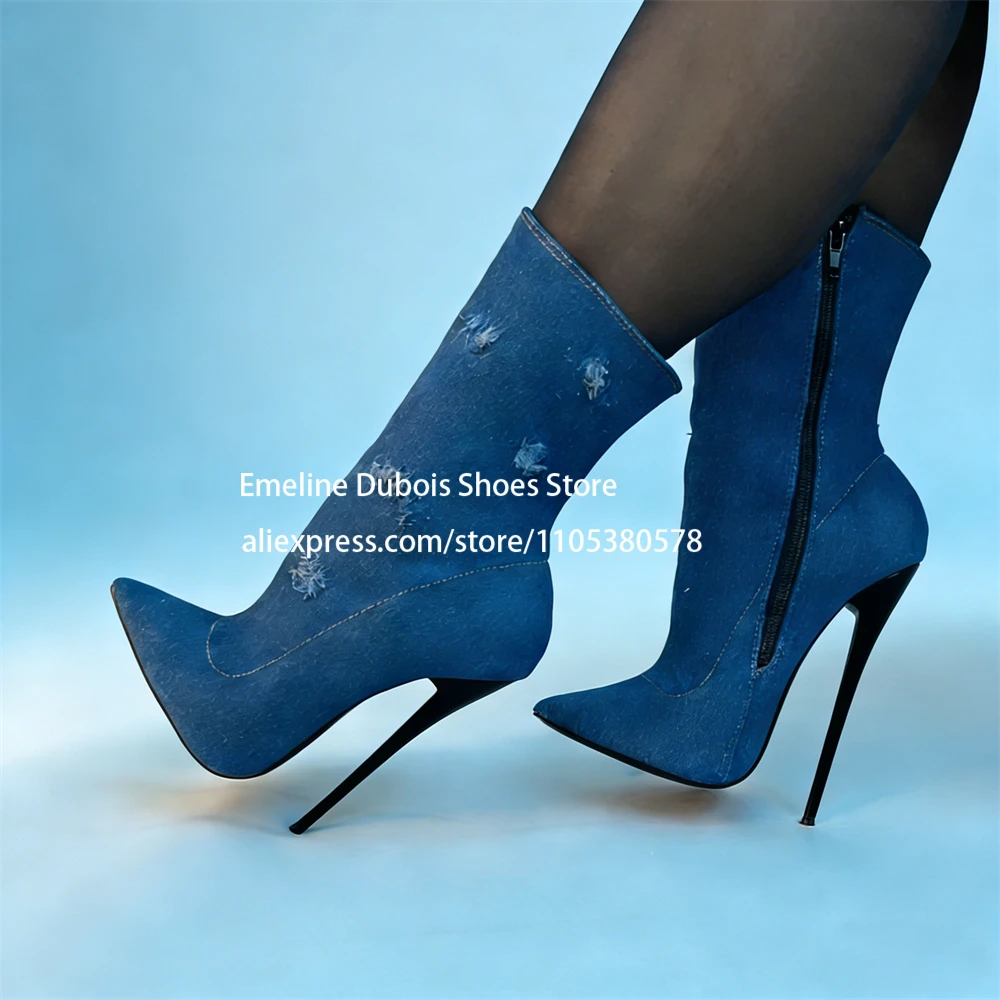 Blue Denim High Heel Ankle Boots Pointed Toe Side Zip Stiletto Heel Distressed for Party Club Women Sexy Bootie Custom Color
