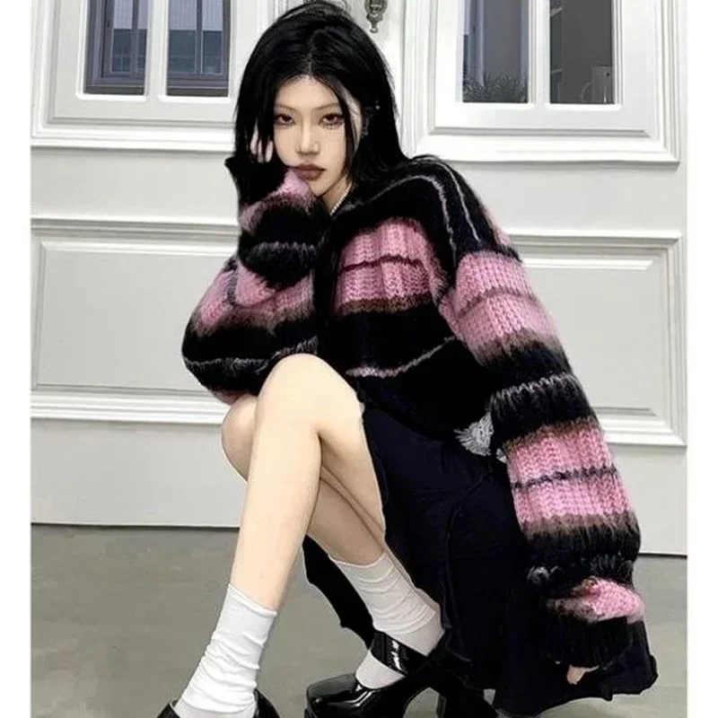 Y2K Korean Style Pink Cropped Sweater Women Striped Jumper Vintage Female Autumn Long Sleeve Crewneck Pullovers Casual Tops