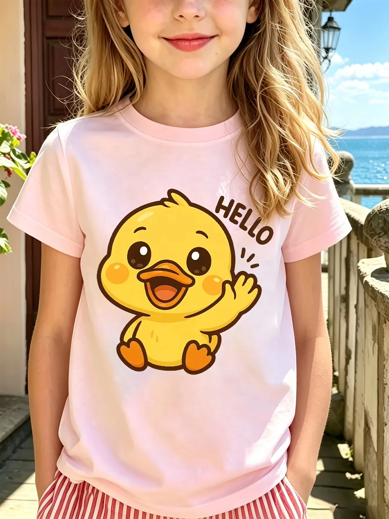 Kids Short Sleeve T Shirt Cute Hello Yellow Duck Cartoon Graphic Crew Neck Casual Summer Boys Girls Daily Tee