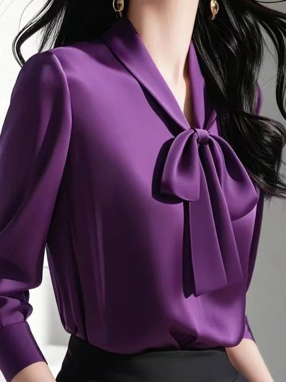 

Ele Purple Silk irt with Bow Tie Women's Inner Wear High-End Feel Spring New Sle Korean Sle V-Ne Long Sve