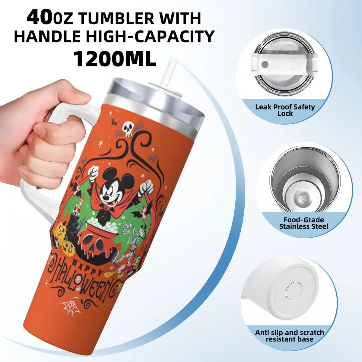 Stainless Steel Tumbler Mickey Mouse Halloween Pumpkin Thermal Mug Insulated Hot Drinks Mugs Cup Driving Printed Water Bottle