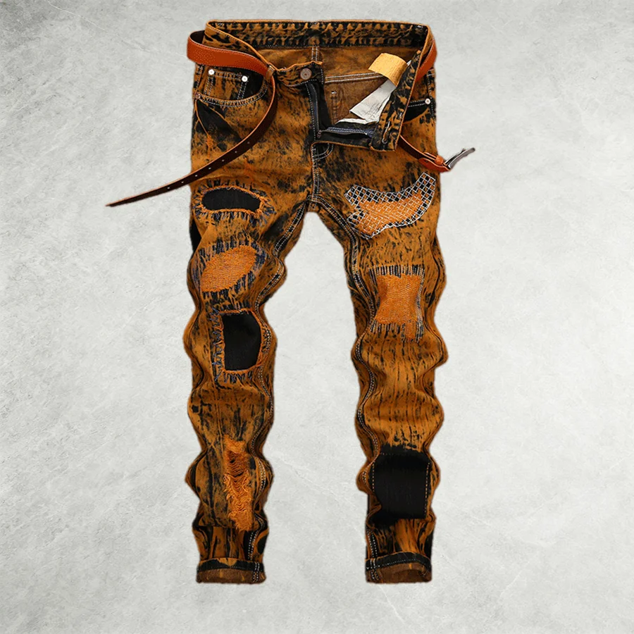 American New Men's Yellow Jeans Street Locomotive Retro Old Tie-Dyed Straight Hole embroidery Casual Pants.