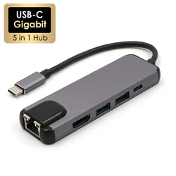 USB-C to RJ45 HDTV 4K USB 3.0 Type C 5 Port Hub Gigabit Ethernet 100/1000M Lan for Macbook Pro Air Thunderbolt 3 USB-C Charger