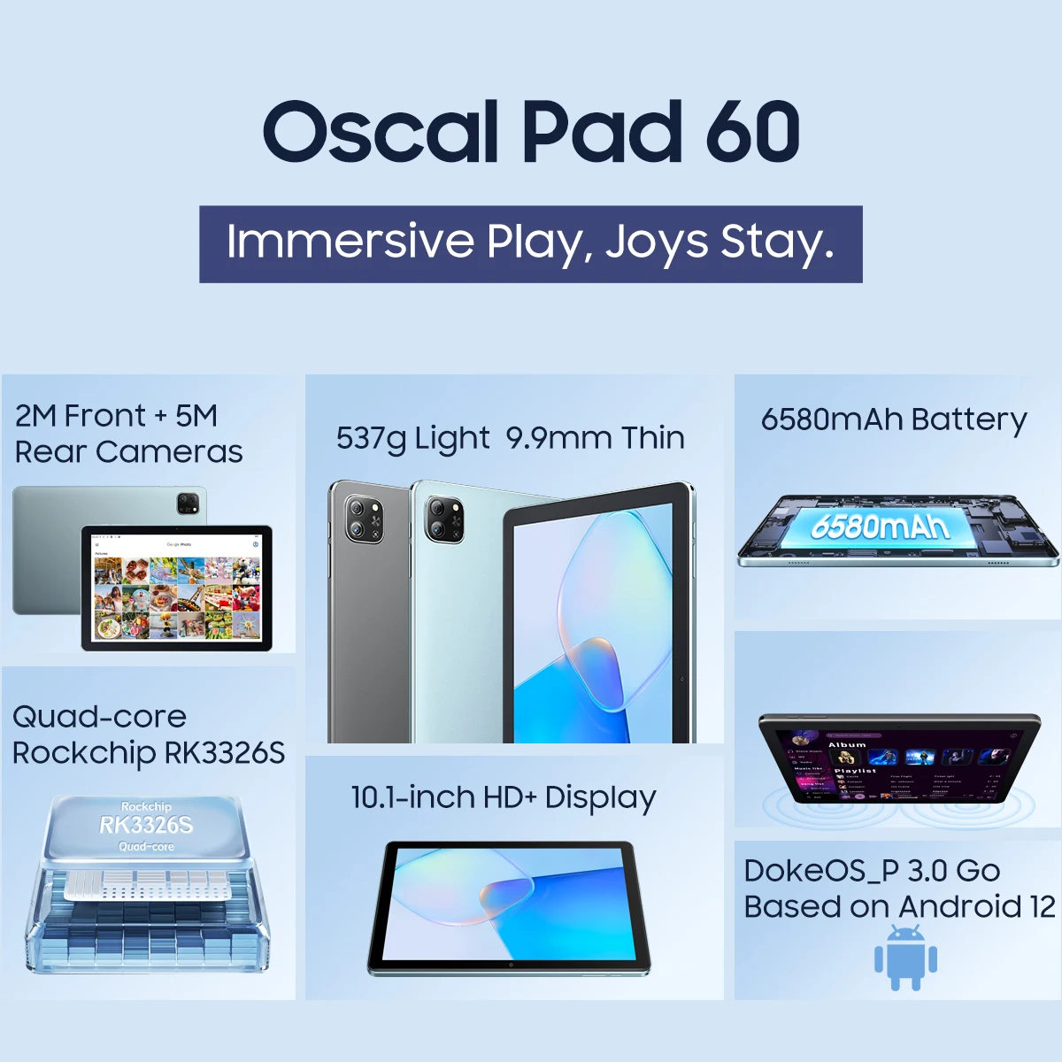 Oscal pad 60 tablet, 10.1 ''hd + display, 3gb ram + 64gb rom, bateria 6580mah android 12, alto-falante de caixa dupla, wifi tablets pc