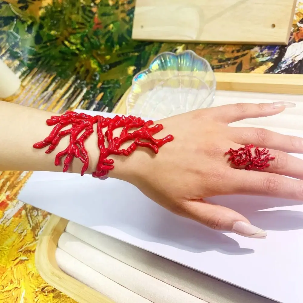 مجوهرات غير منتظمة على طراز المحيط المرجاني ، سوار قابل للتعديل ، خاتم مجوف للربيع ، خاتم جمال