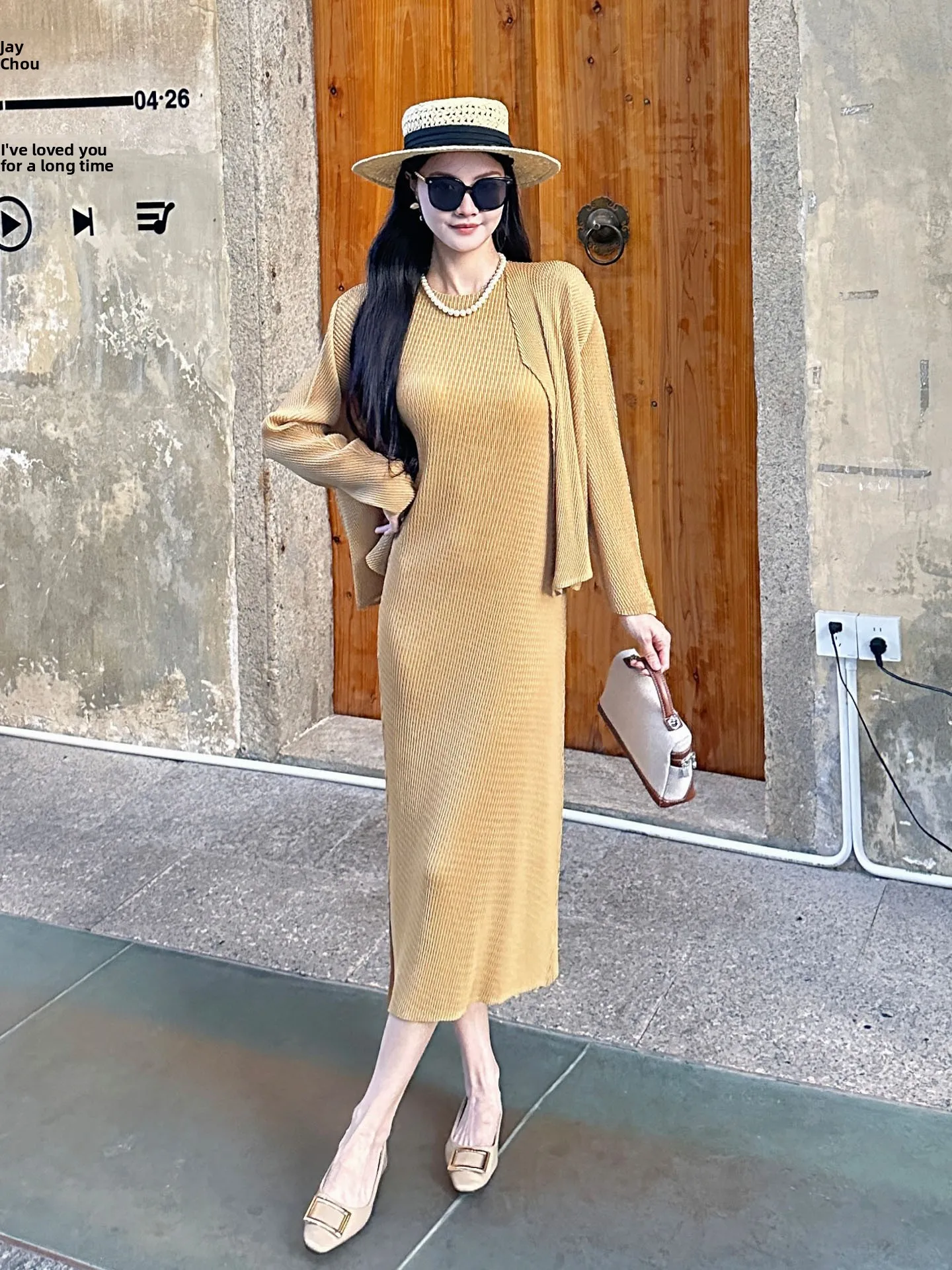 

Khaki Summer Long Sleeve Casual Dress with Open Cardigan Versatile Crease Women's Fashion Set Three Zha Art Creation