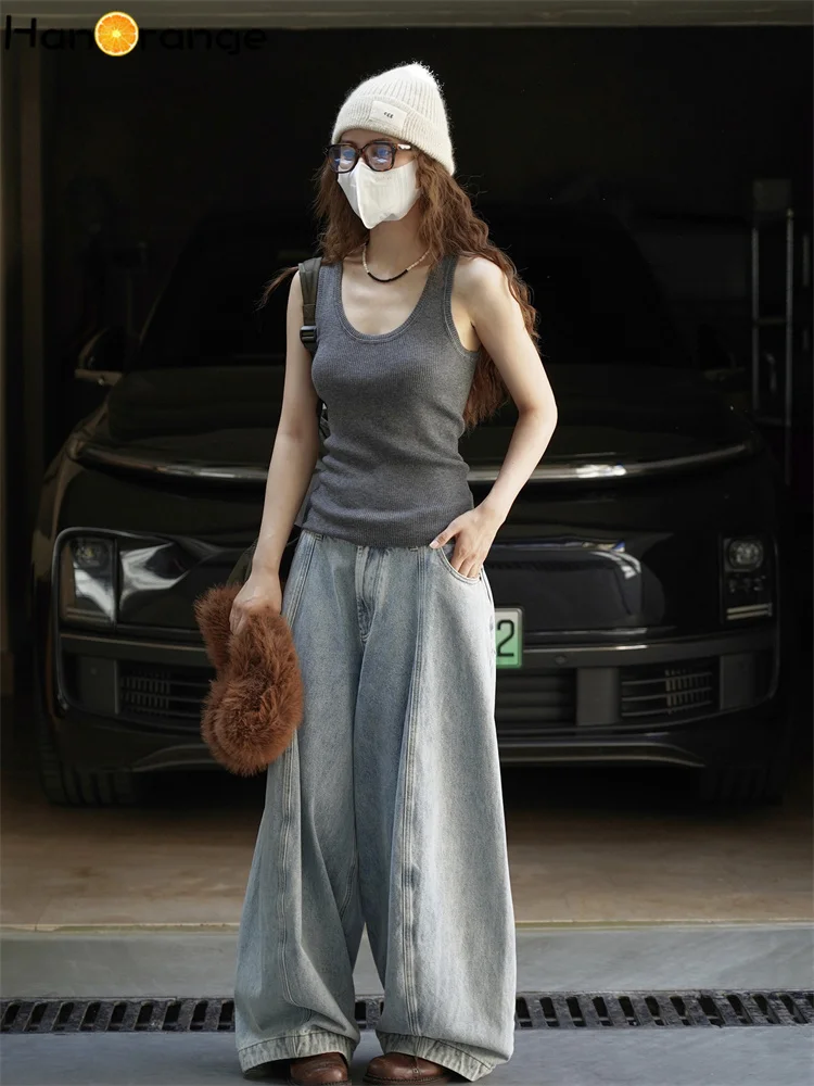 HanOrange 2025 Autumn Fashion U-neck Slim Fit Tank Women Sleeveless Top White/Black/Floral Gray/Gray White Stripes