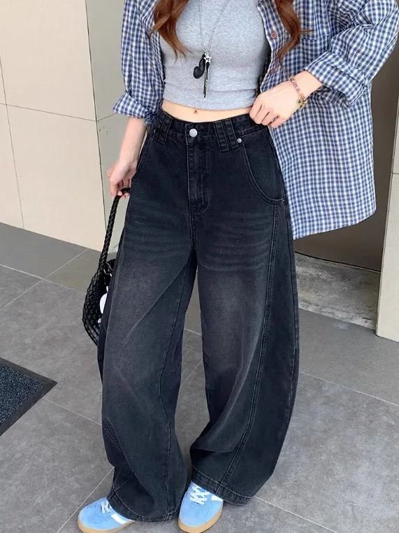 

Retro Black Washed Denim Pants Women's Summer Versatile Loose Wide Leg Jeans High Waist Zipper Closure Commute Winter Season