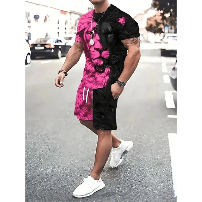 

Новинка лета 2025 года, спортивный костюм с 3D цветным принтом и круглым вырезом, с рисунком льва зверя, мужская повседневная уличная футболка, комплект с шортами
