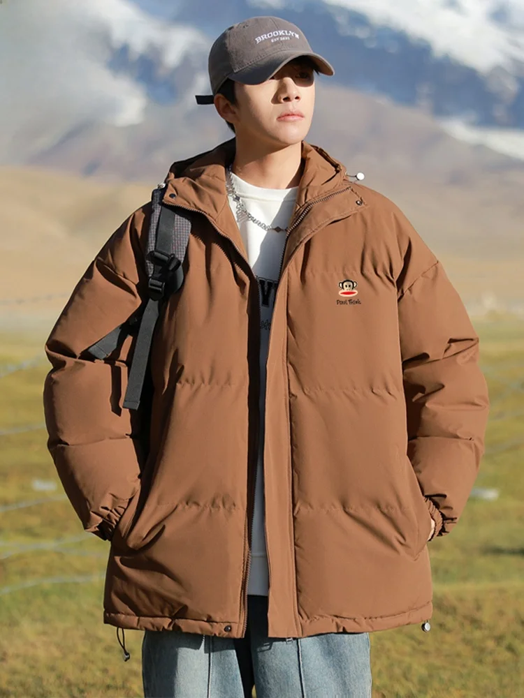 

Зимняя утепленная хлопковая куртка Paul Frank для мужчин и молодежи, теплая, ветрозащитная, на молнии, с капюшоном, повседневная, с принтом обезьяны с большим ртом