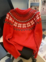 Zoki Christmas Red Print Sweaters Women Vintage Loose Casual Knitted Jumpers Long Sleeve Lazy Wind Female Sweet Korean Tops New