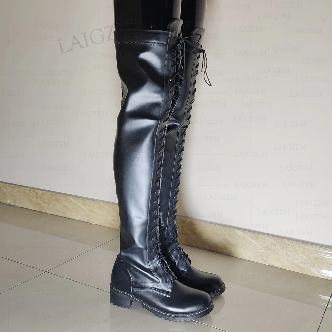 LAIGZEM Women Over Knee Boots Round Toe Side Zip Shoes Lace Mid Heels Tall Boots Unisex Shoes Woman Plus Big Size 41 42 44 46 50