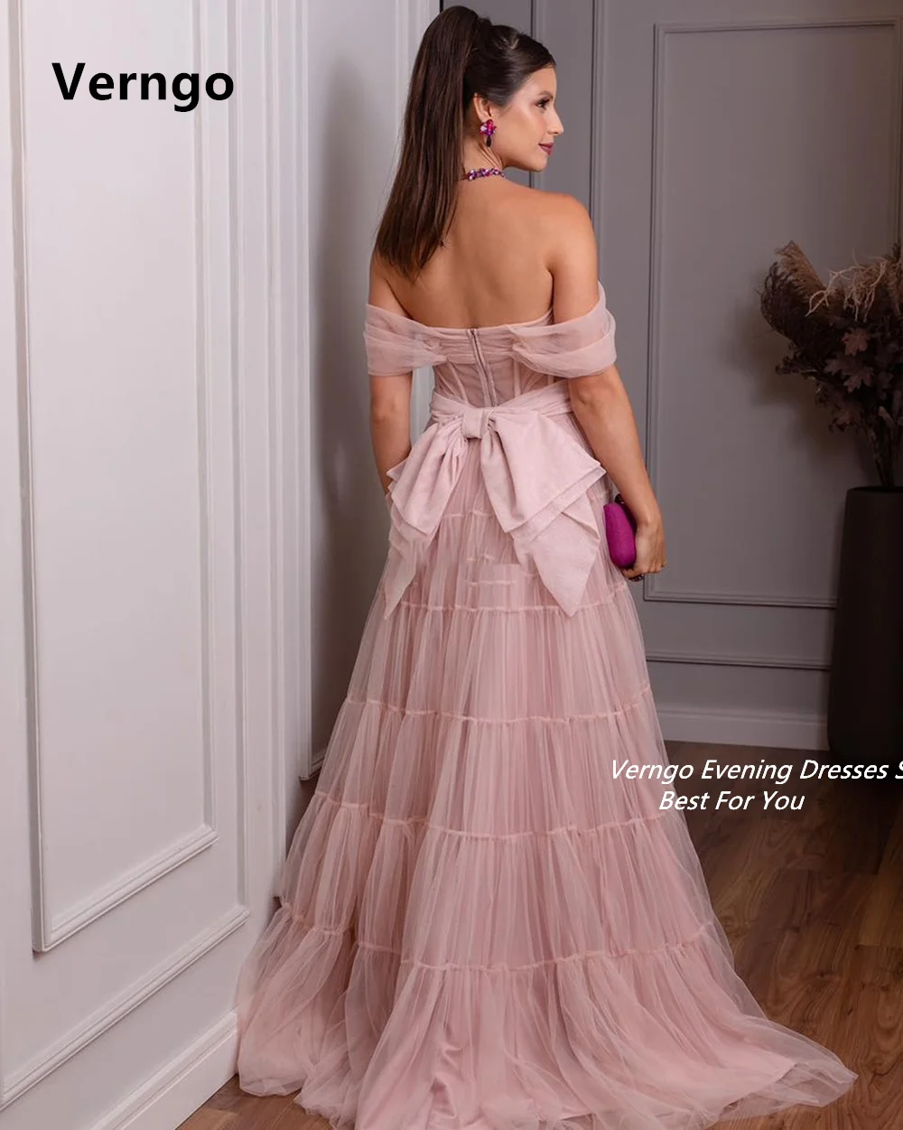 Verngo Pink/Green Off The Shoulder Party Gown Sleeveless Bone Prom Dress Zipper Bow Long Dresses For Prom