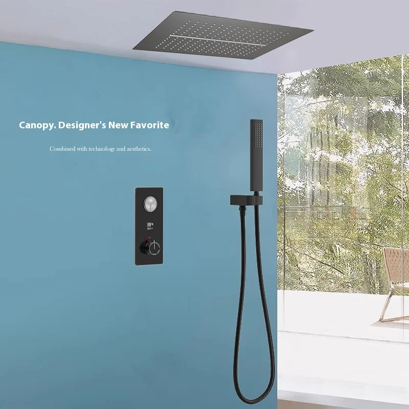

Gun gray concealed wall-mounted constant-temperature shower head set digital display button sky screen waterfall shower system