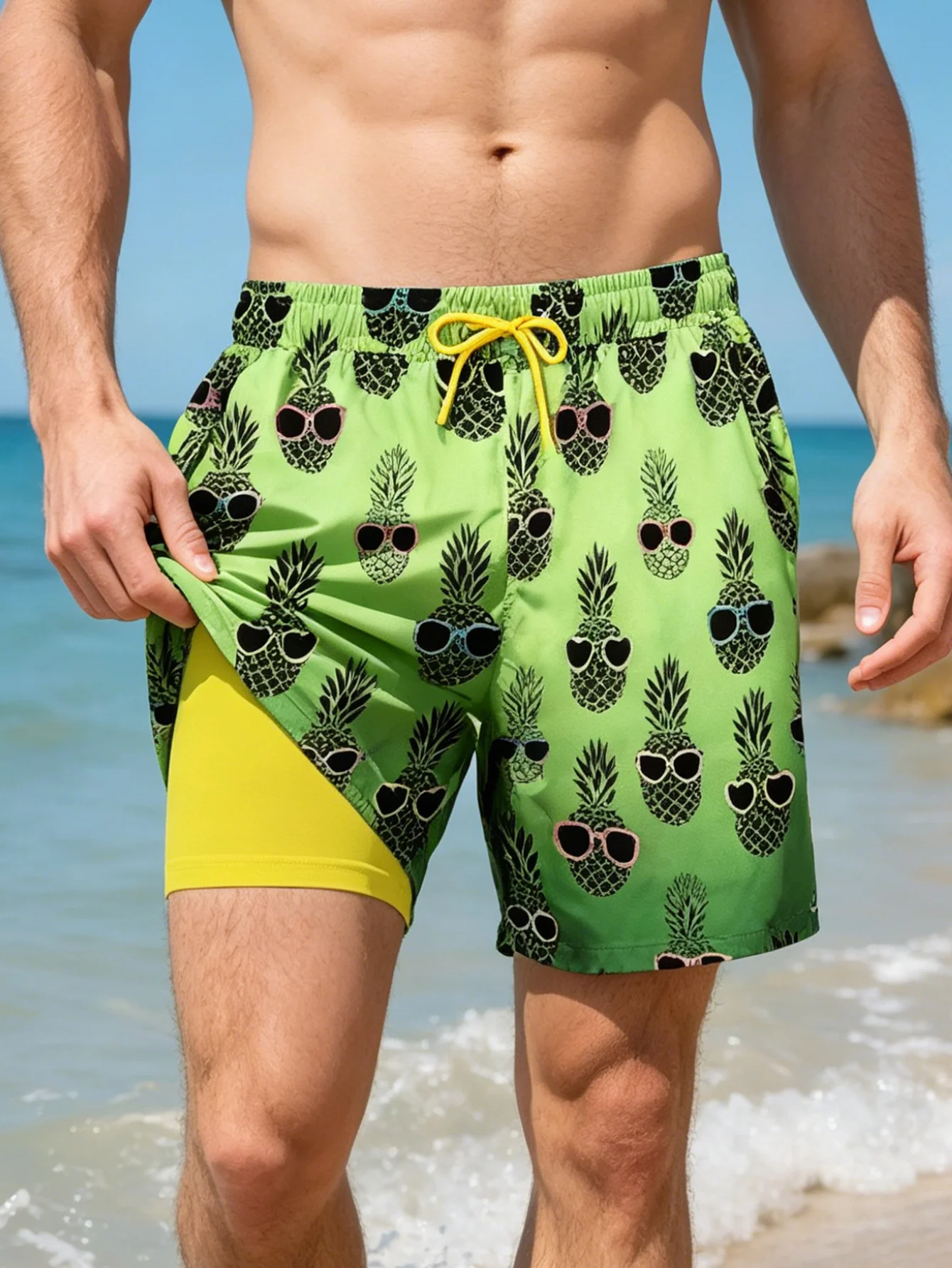 2-in-1 Men's Beach Pants High-saturation Color Vibrant Prints Outdoor Surfing Quick-drying Breathable Double-layer Swim Trunks