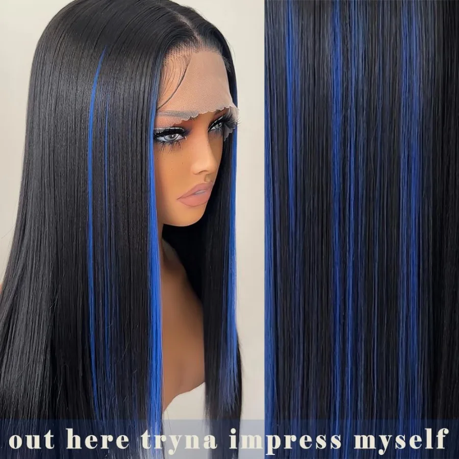 باروكة صناعية طويلة مستقيمة بدون صمغ بدانتيل أمامي للنساء مع شعر أطفال منزوع مسبقًا 26 بوصة لون أزرق منتصف الليل مثالي لكل منها #3