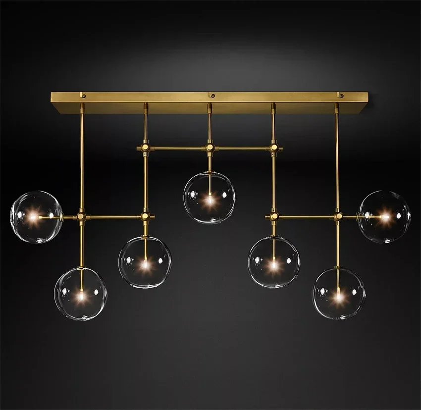 Modern Retro Glass Globe Linear Chandelier LED Clear Ball Pendant Light in Brass Chrome Black for Living Room Dining Room Decor