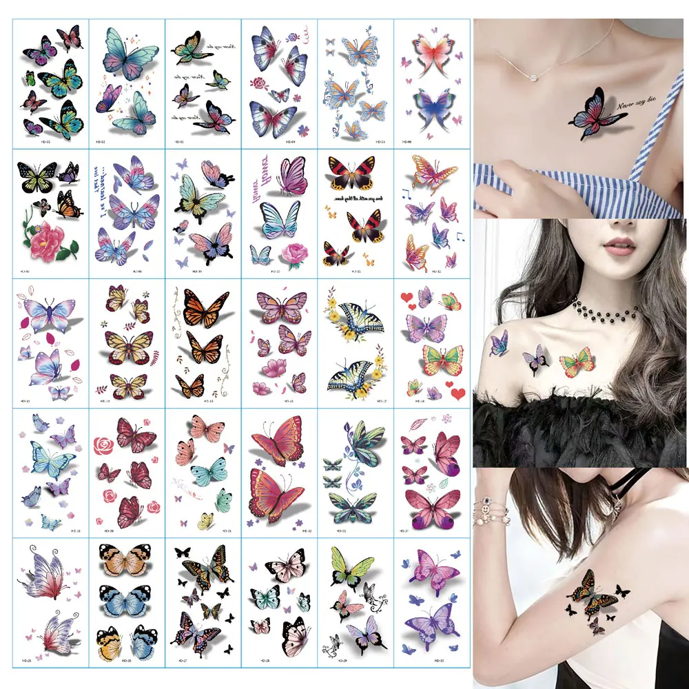 30Pcs Butterfly Temporary Tattoos Waterproof Tattoo Stickers for  Hand Body Decoration Fake Tattoo for Women