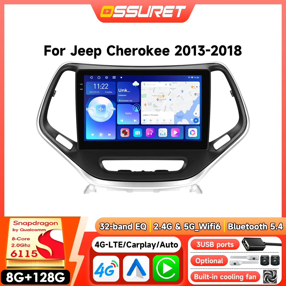 Android Auto Radio Player für Jeep Cherokee 5 2013 - 2018 Kabelloses Carplay GPS Intelligentes Stereo Auto-Multimedia Autoradio WIFI