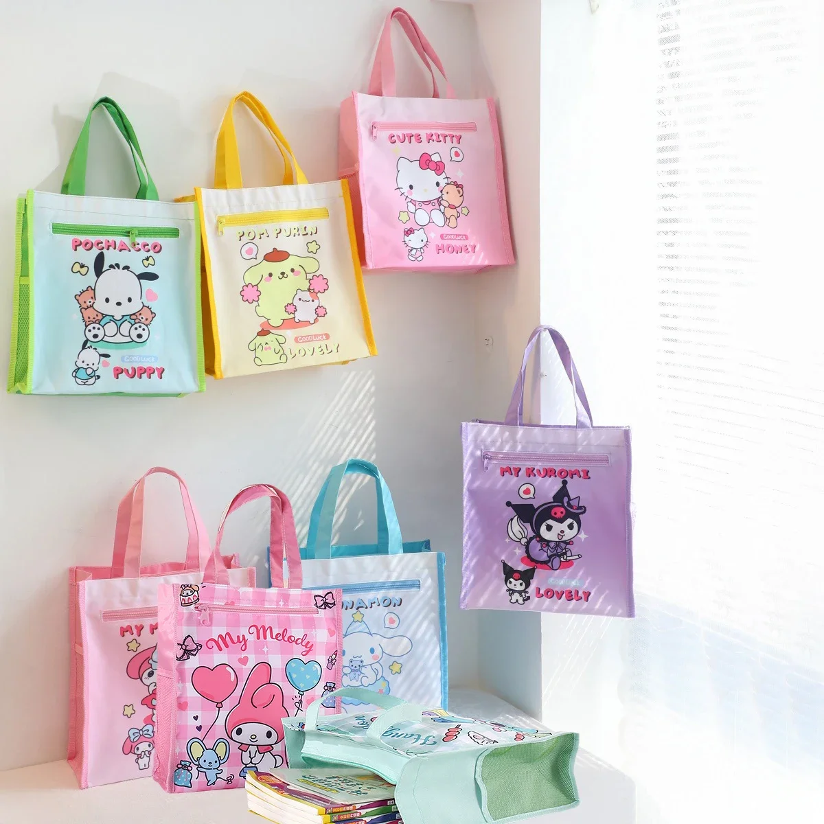 Sanrio Cinnamoroll Kuromi Mymelody kawaii Cartoon Tutoring Bag waterproof double-layer zipper A4 Handbag Stationery Storage