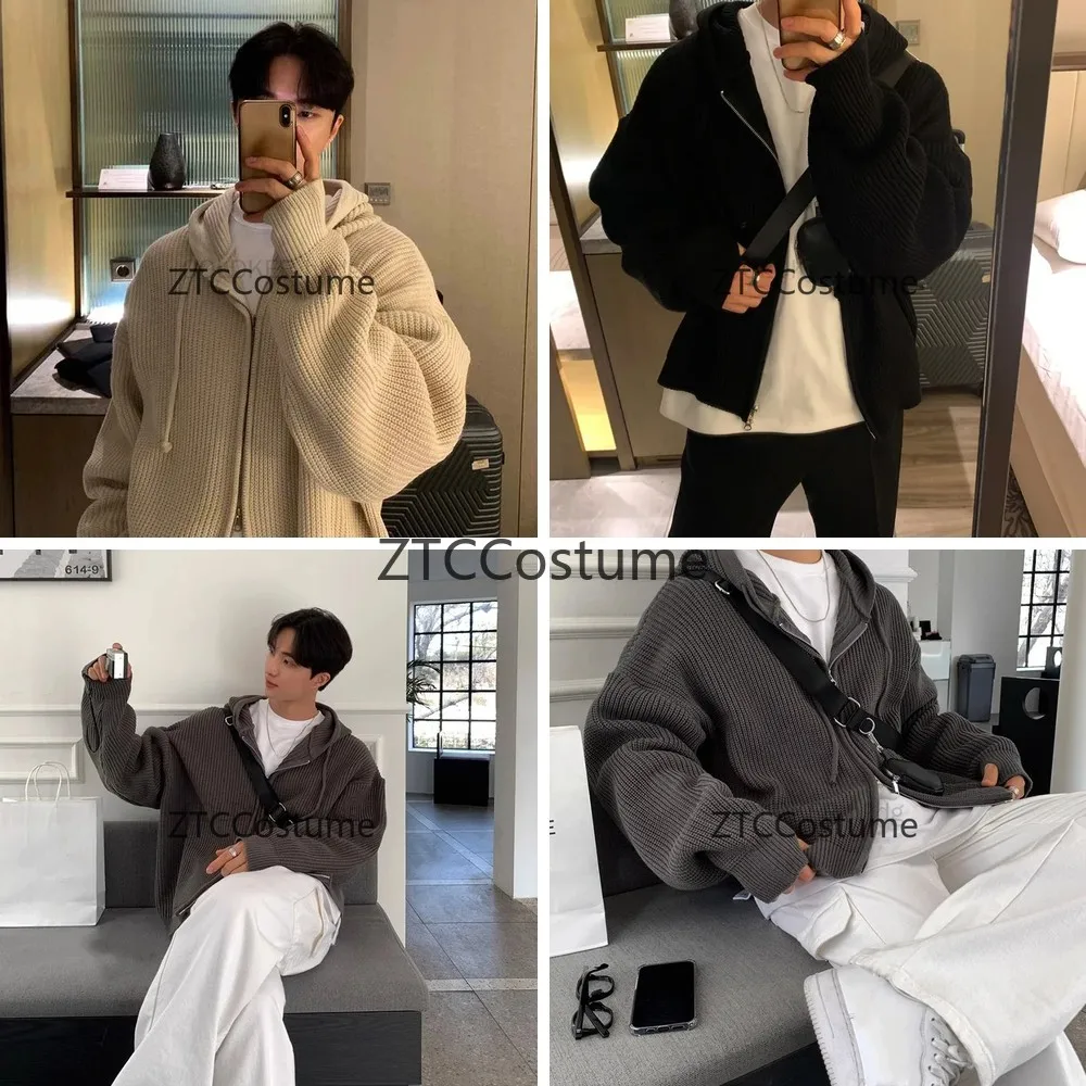 

Korean Style Retro Streetwear Knitted Cardigan Men Zip Up Hooded Loose Casual Sweater Jacket Cosplay Outerwear