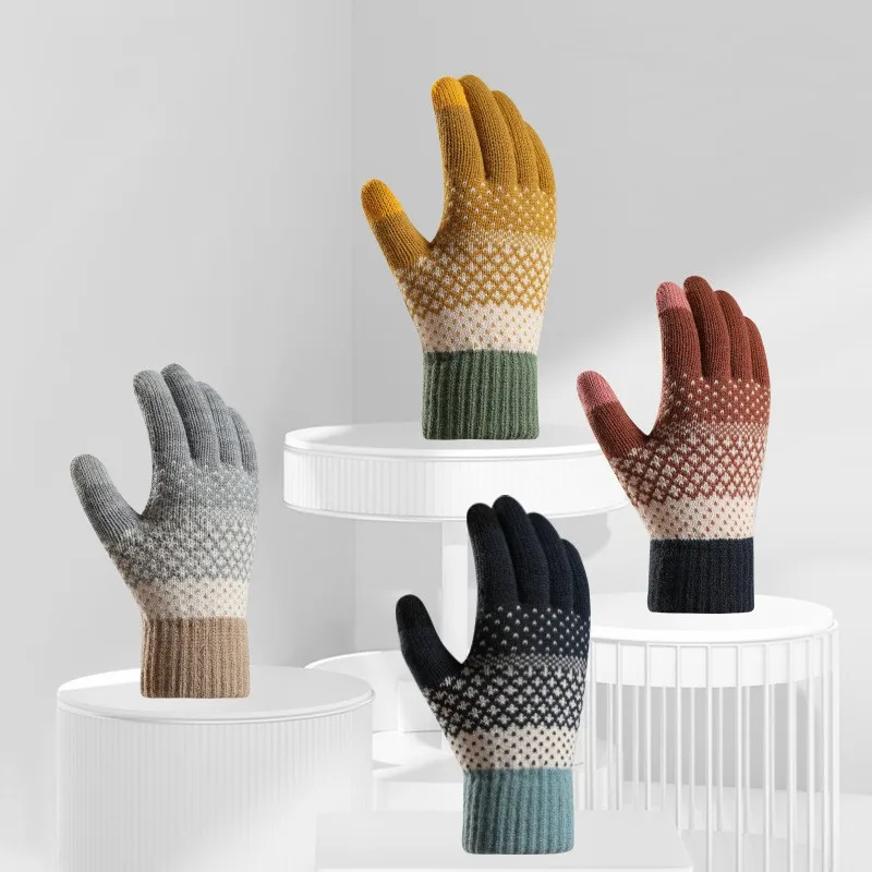 Knit gloves Women's double-layer fleece-thickened cold-proof touch screen finger warm outdoor cycling gloves