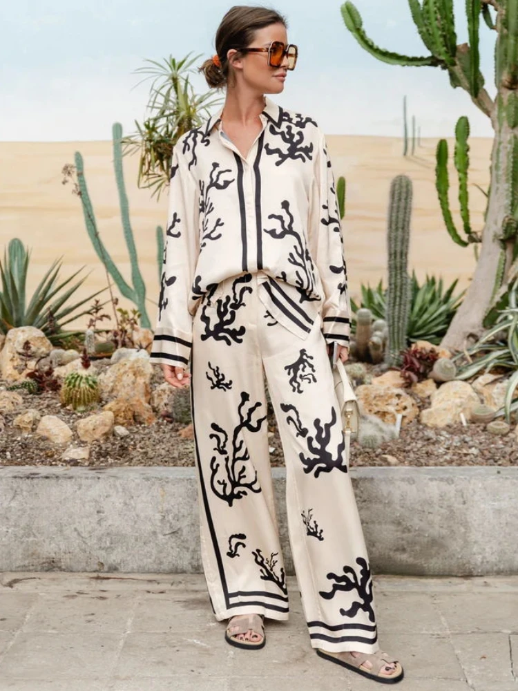 Women Casual Loose Two Piece Pants Sets 2024 New Autumn Satin Printing Long Sleeve Shirts Women Sets Fashion Women Outfits
