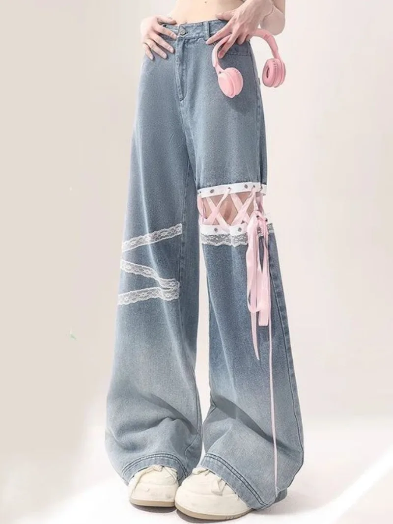 American Vintage Y 2K Harajuku Holle Wijde Pijpen Jeans Vrouwen Kant Gesneden Stijl Baggy Rechte Pijpen Vloer Slepen Broek 2024 Nieuw