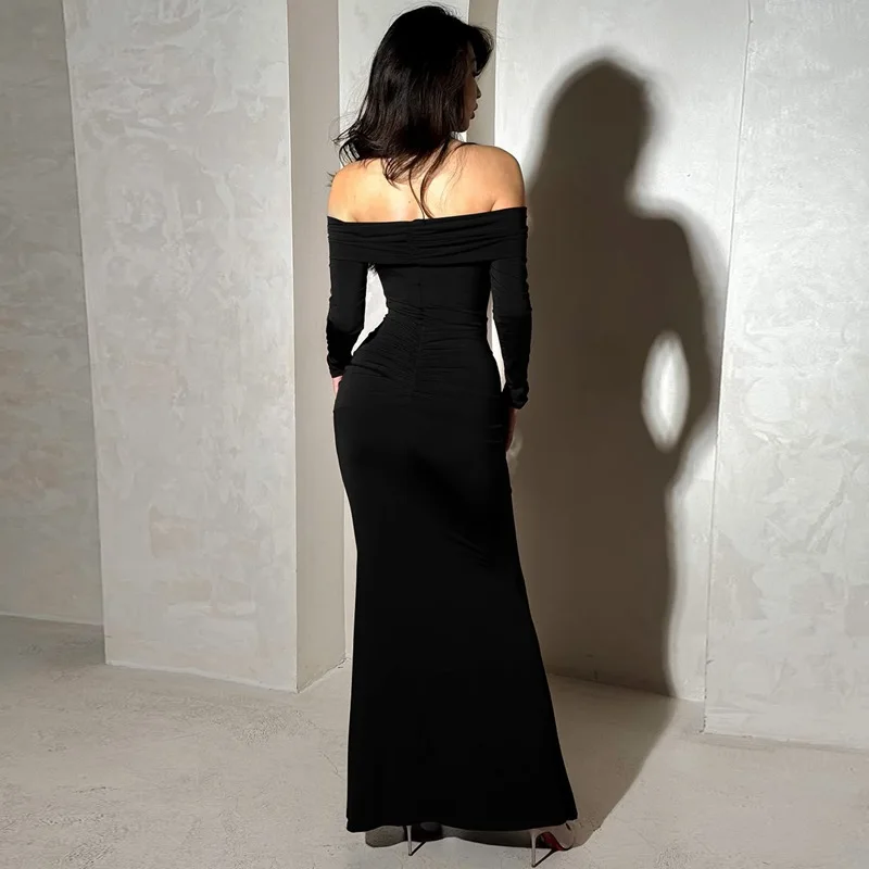 Elegancka sukienka maxi z odkrytymi ramionami, marszczeniami, kryptograficzny wzór, damska, na imprezę, do klubu, jesienne sukienki bodycon z długim rękawem, suknia, odzież.
