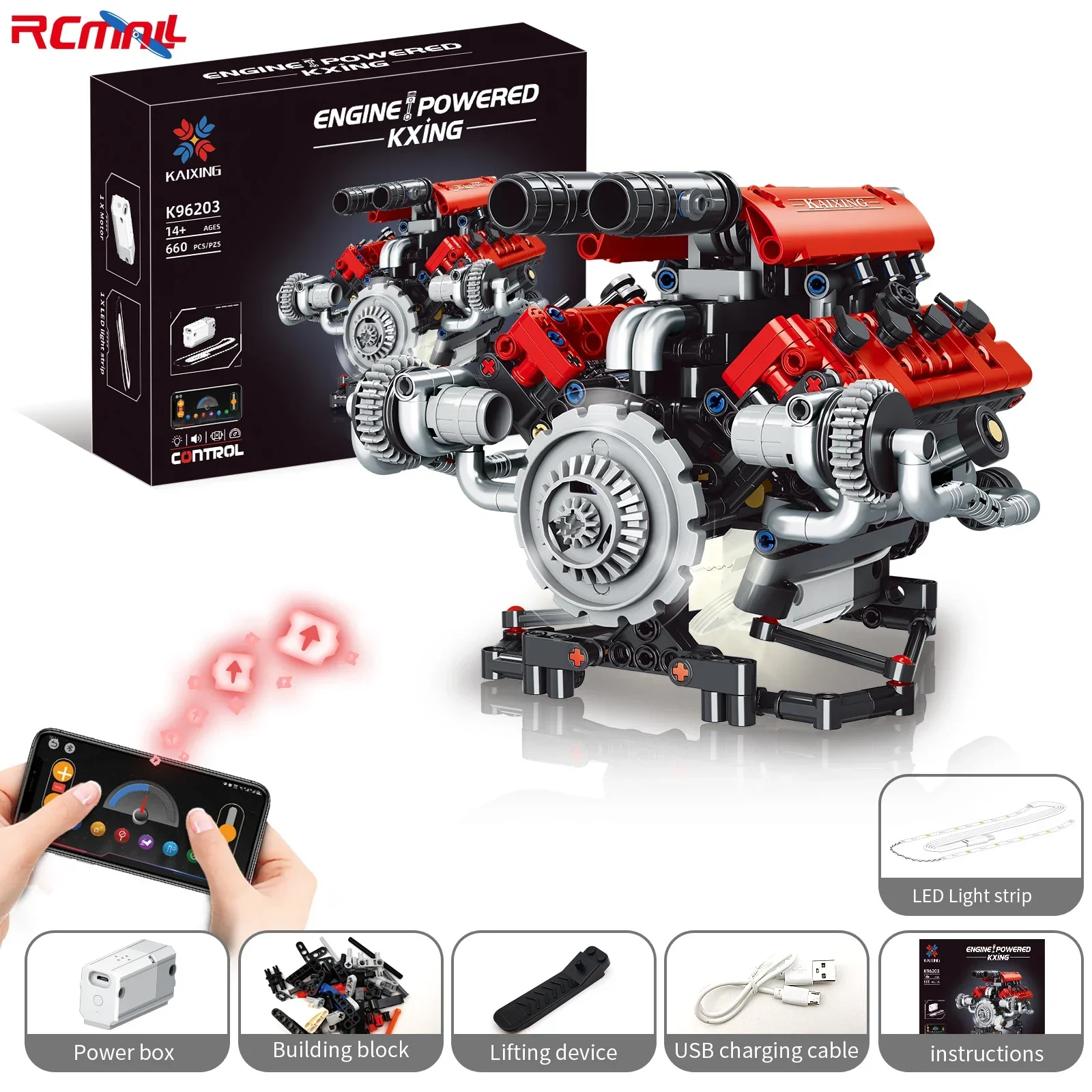 K96203 660PCS V8 Engine Building Blocks Assembly Model Set, APP Remote Control Programmable Blocks with LED Light, Ideal Gift