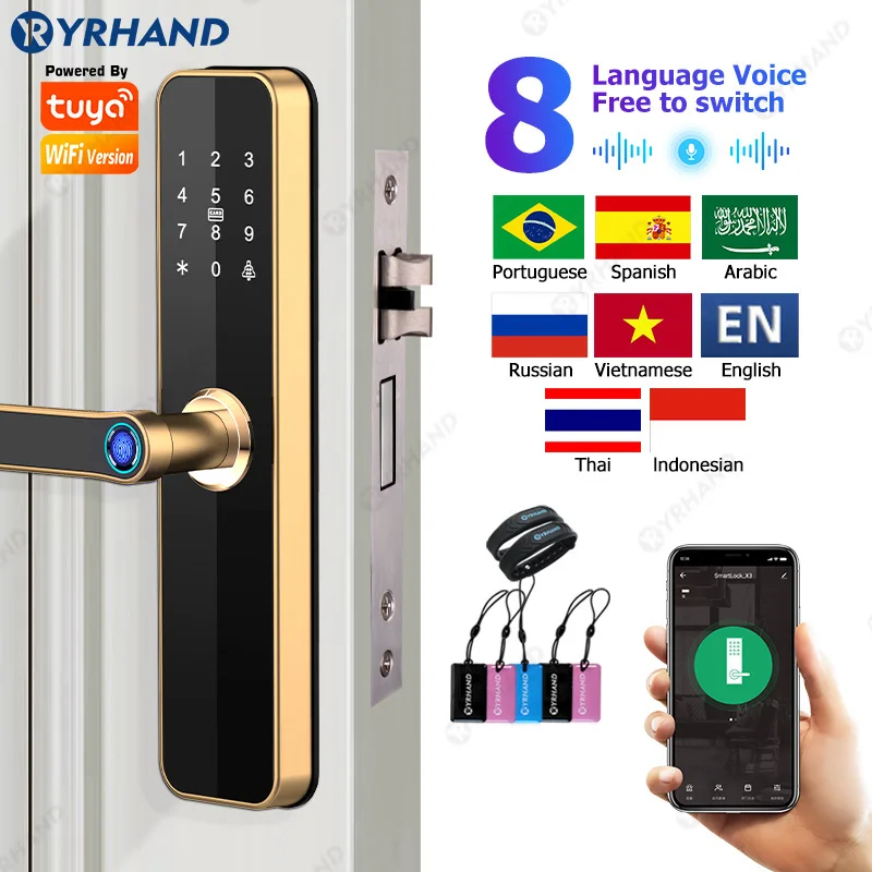 

YRHAND Gold Biometric Intelligent Door Lock TUYA WIFI Remote Unlock Fingerprint Card Password Key Password Smart Door Lock