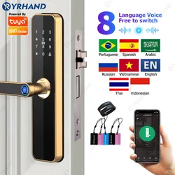 YRHAND Biométrico Inteligente Door Lock, TUYA WIFI Desbloqueio Remoto, Cartão de Impressão Digital, Chave Senha, Ouro