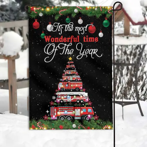 Firefighter Fire Truck Christmas Tree garden Flag, Merry Christmas flag