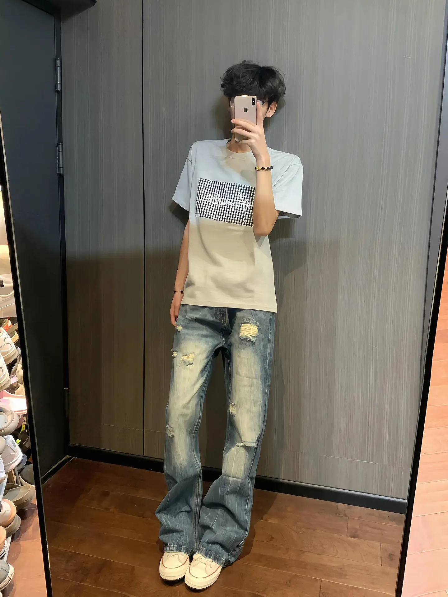 Blue Washed Lightning Pattern Men's Jeans Summer High Street Straight Leg Micro Flared Pants Torn Denim mid Waist Zipper Closure