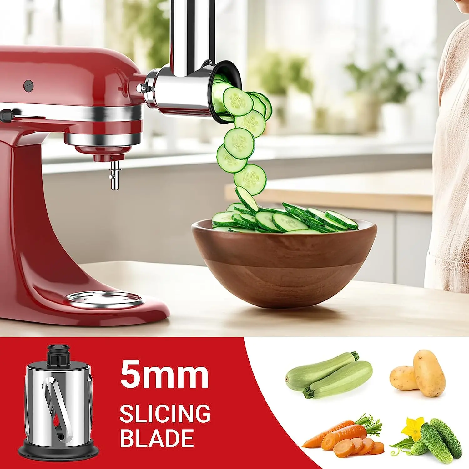 

Dishwasher Safe stainless Steel Slicer/Shredder Attachment for KitchenAid Stand Mixer, Salad Machine with Vegetable Slicer