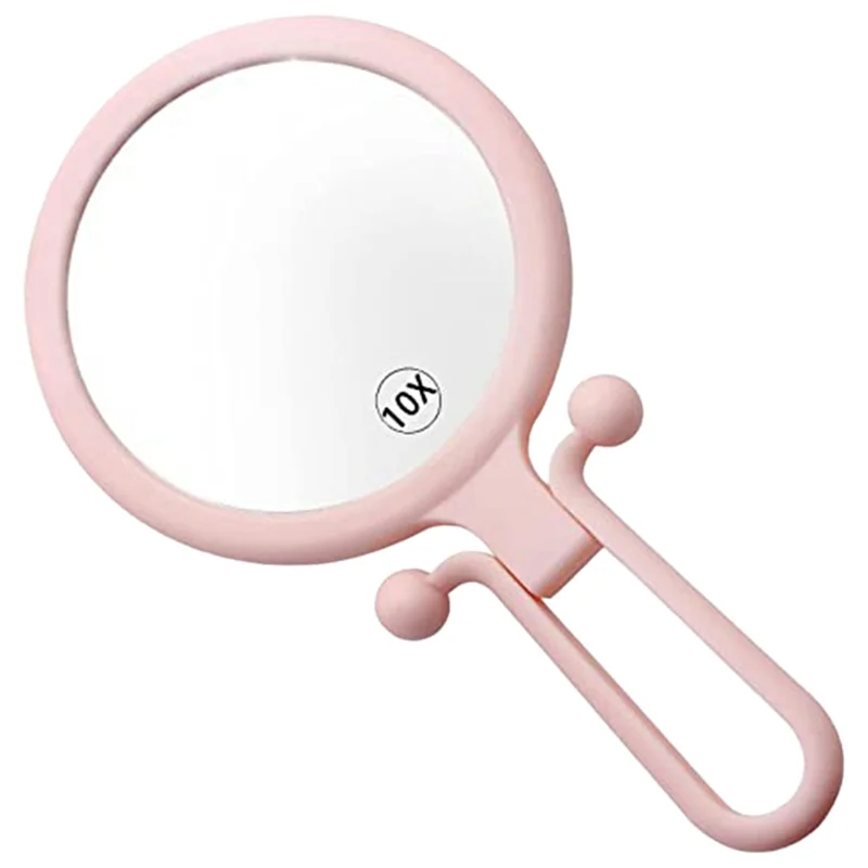 Lente d'ingrandimento portatile 10X, specchio per il trucco pieghevole su entrambi i lati, specchio portatile portatile con manico regolabile (rosa)