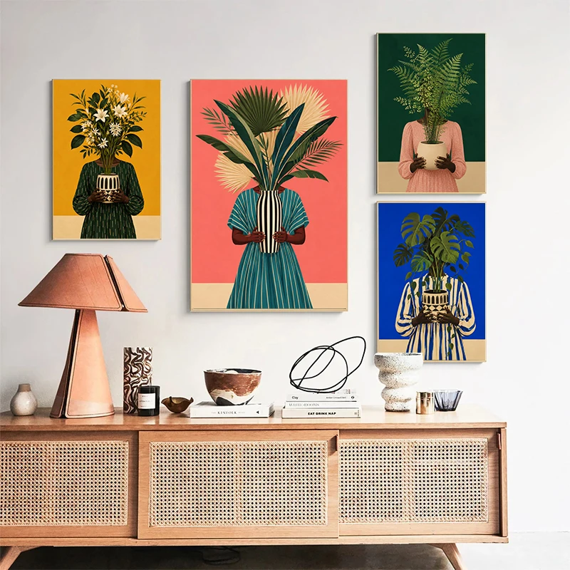 Surreal African Woman Monstera Plant Poster Banana Leaf Emerald Fern Modern Prints Canvas Painting Wall Pictures Home Room Decor