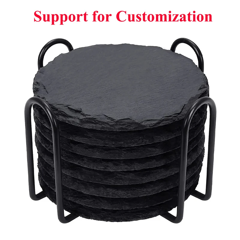 

8pcs Engraving Blank Round 4in Black Slate Stone Coasters with Anti-Scratch Bottom and Holder Drinks Cup Coasters for Bar Home