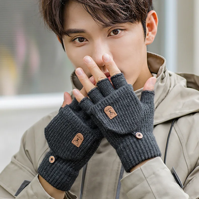 Men Autumn and Winter Half Finger Flip Up Gloves Knitted Wool Fingerless Student Writing Warm Office Korean Style Gloves