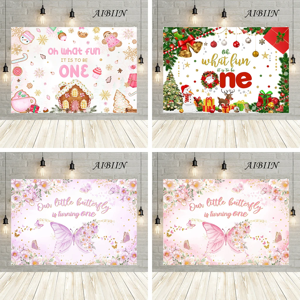 

AIBIIN Happy 1st Birthday Photo Background Christmas Butterfly Birthday Party Portrait Photography Background Decorations