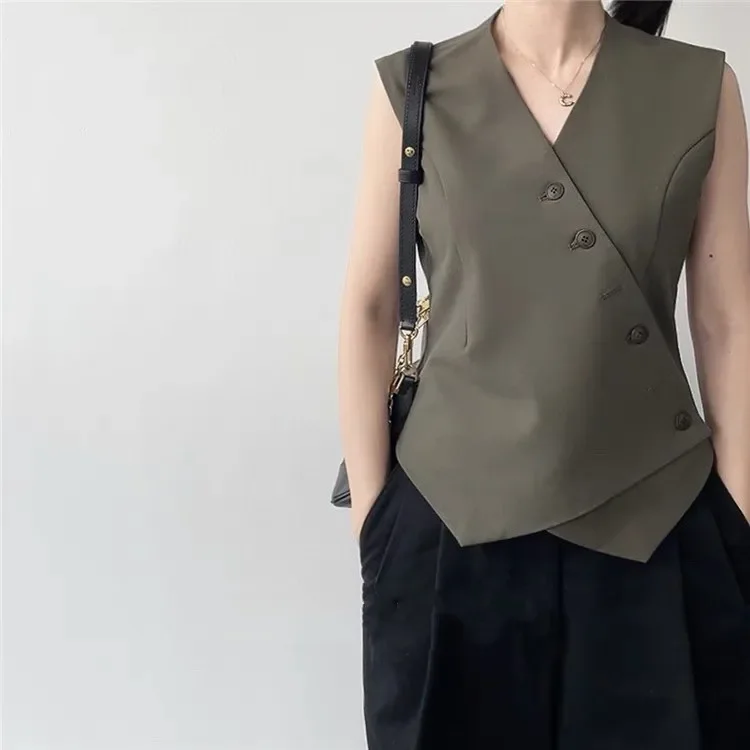 Tanks Top for Women 2024 New Spring Summer Diagonal Buttons V-Neck Solid Color Commuter Sleeveless Vest