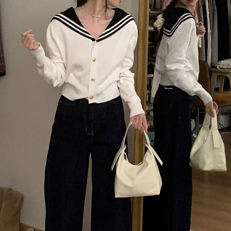 Korean Knitted Striped Cardigan Women Slim Casual Sailor Collar Cropped Top