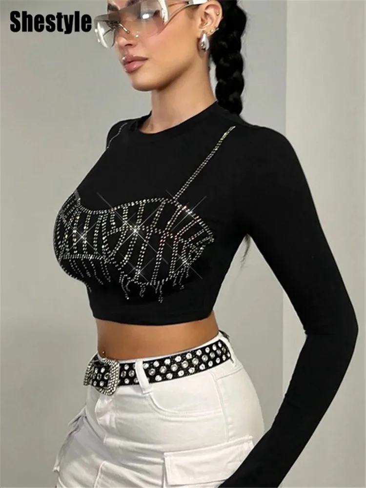 Shestyle Rhinestone Bra Tessel Full Sleeve Crop Tops Women Black Crew Neck Sexy Streetwear Casual New Arrival Wrapping Chest