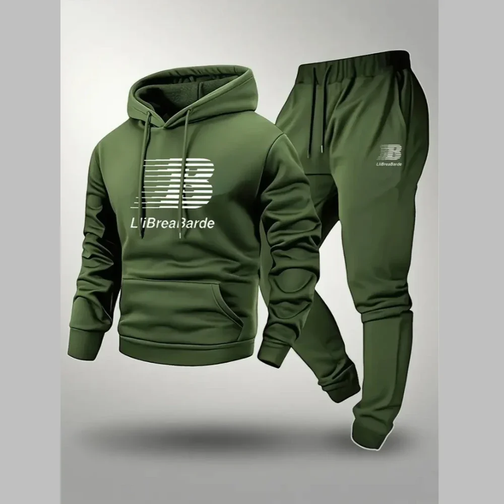 Men's Letter Printed Casual Hooded Sports Set -100% Polyester Fiber Long Sleeved Pullover Paired with Drawstring Running Pants,