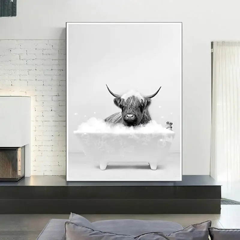 Highland Cow Painting Decor Wall Hanging Canvas Cow Picture Bathroom Ornament Home Cow Pictures Funny Animal Paintings For Walls