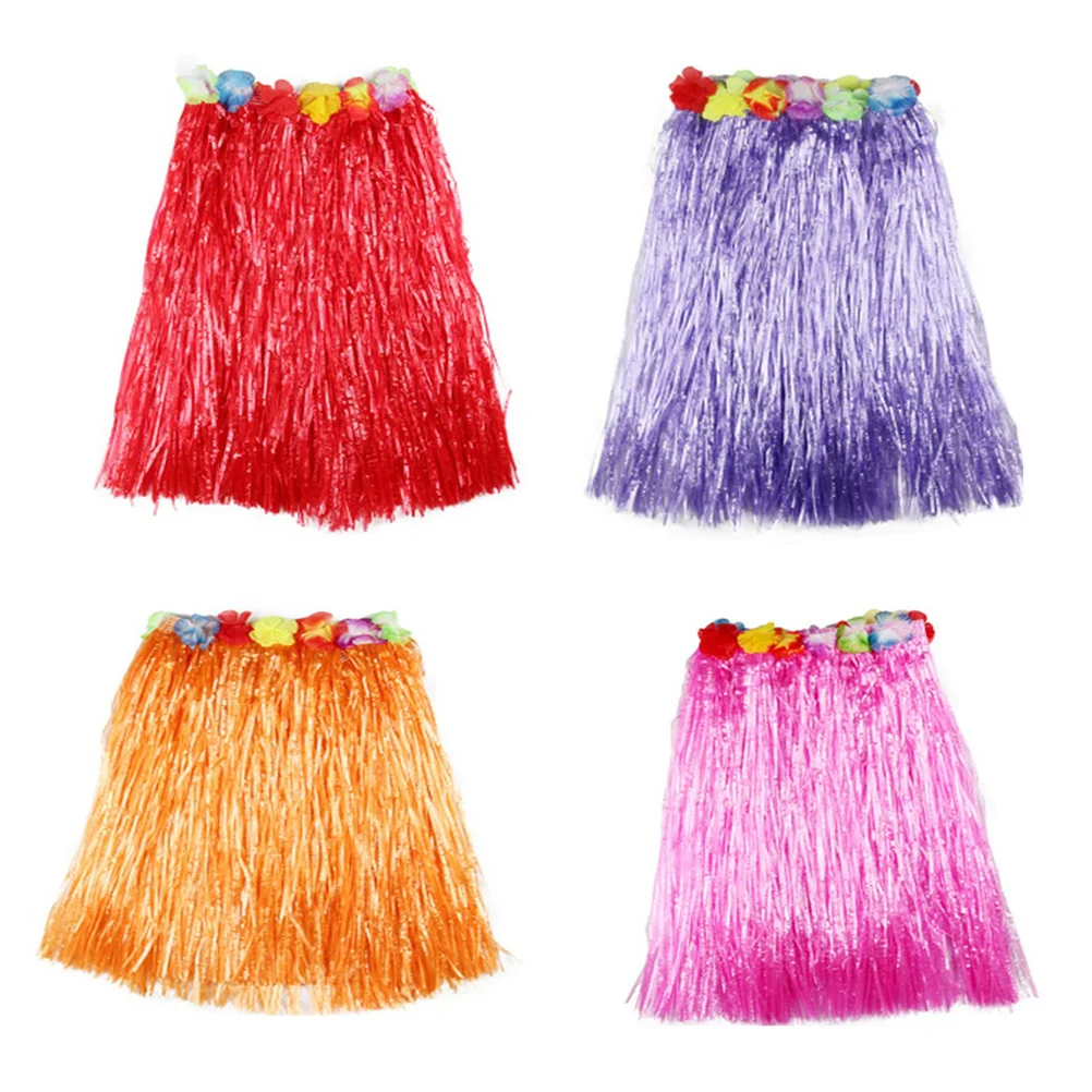 

4pcs 40Cm Kids Grass Skirt Set Elastic Waist Colorful Flower Hawaii Luau Party Beach Theme Tropical Dance Costume Children