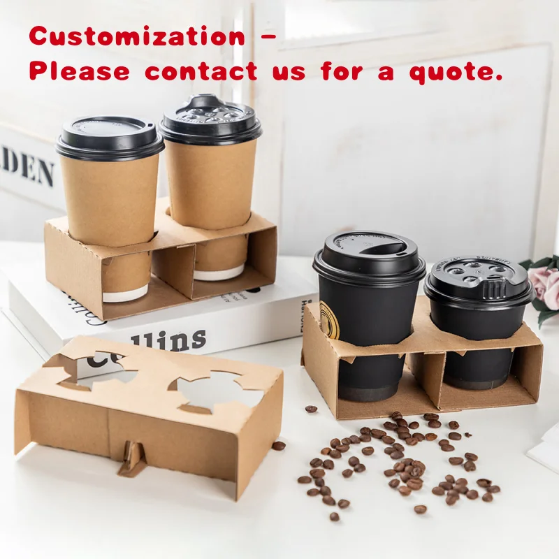 

custom.LOKYO Custom Kraft Paper Tray Holder 2-Cup Disposable Degradable Hot Drinks Double Wall Style Wine Use