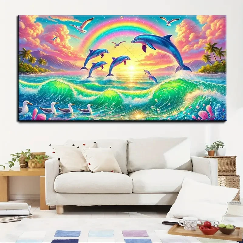 Sea Coral Reefs,Marine Life Large Embroidery Diamond Mosaic 5D DIY Diamond Painting Dolphins Rainbow Landscape Cross Stitch