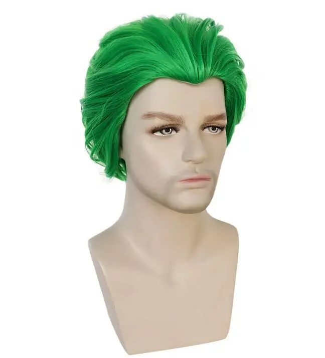 Peluca de Cosplay corta y recta verde para hombres, cabello sintético sin pegamento, resistente al calor, hecha a máquina, sin flequillo, 10 pulgadas