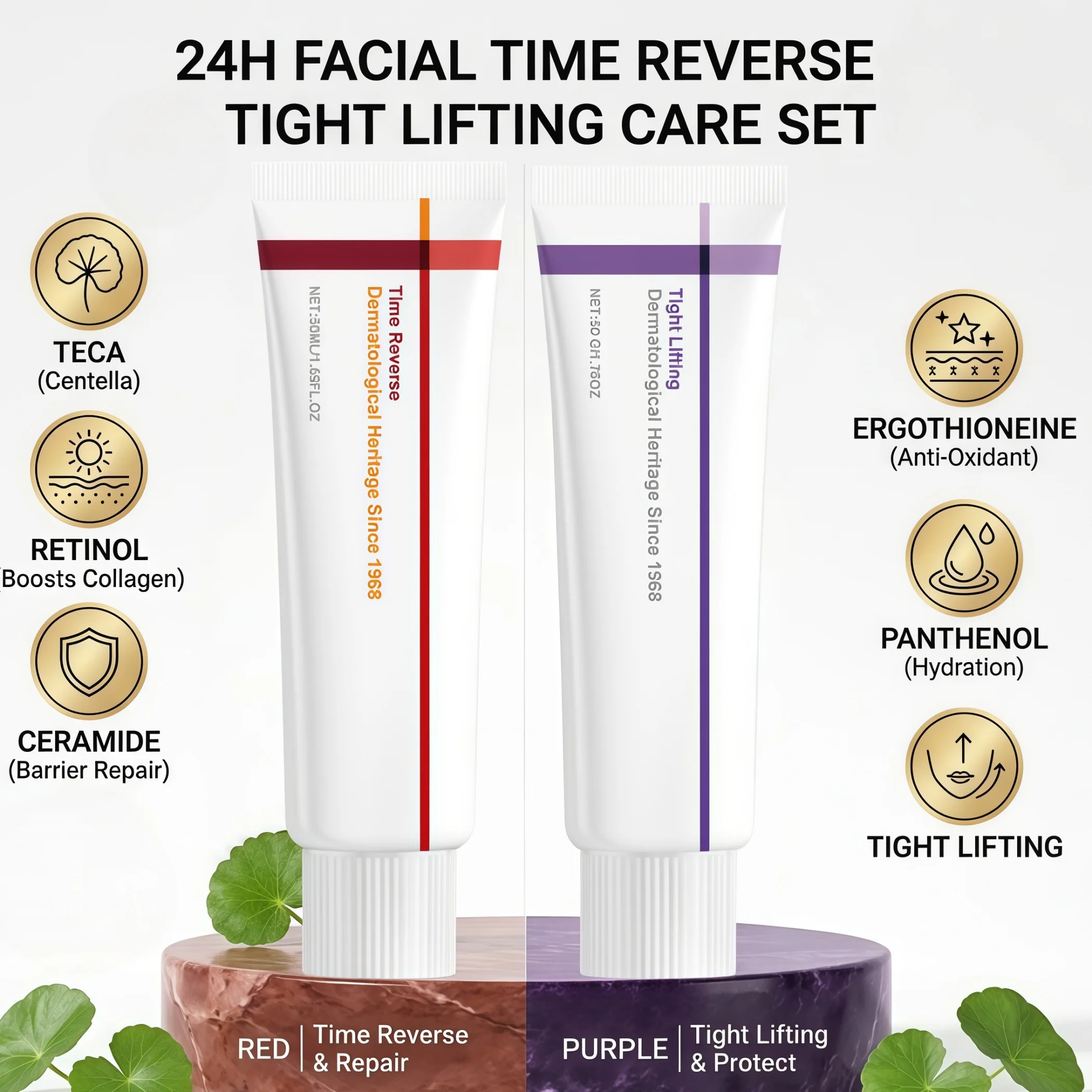 CENTELLA 24H Facial Time Reverse Care Set 2Pcs Day Night Cream Duo Tight Lifting Ergothioneine Panthenol Cream Retinol TECA Ceramide Anti Aging Wrinkle Remover Cream Skin Barrier Repair Moisturizer Set for Women